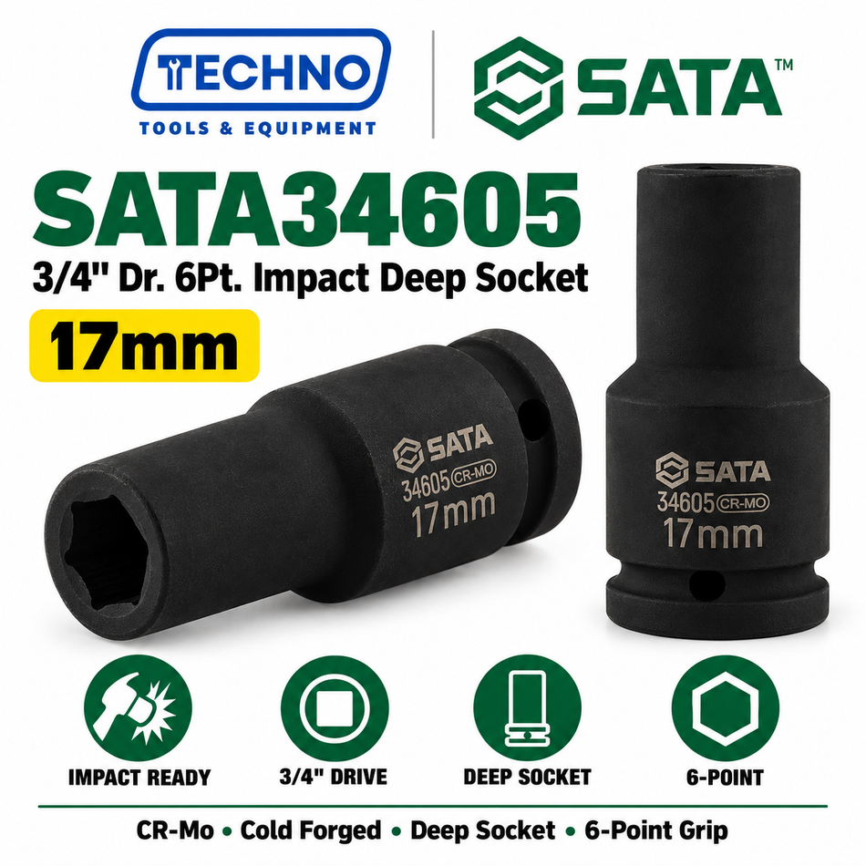 Shop SATA34605-SATA34640 3/4" Dr. 6-point impact deep sockets, 17mm to 55mm. CR-Mo cold forged for impact resistance. Order online today.