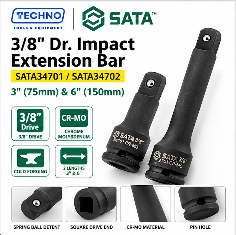 Shop SATA34701 and SATA34702 3/8" Dr. impact extension bars, 3" and 6". Cr-Mo cold forged for impact resistance. Order online today.