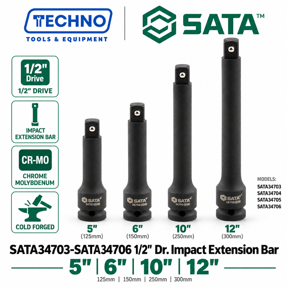 Shop SATA34703 to SATA34706 1/2" Dr. impact extension bars, 5" to 12". CR-Mo cold forged for impact resistance. Order online today.