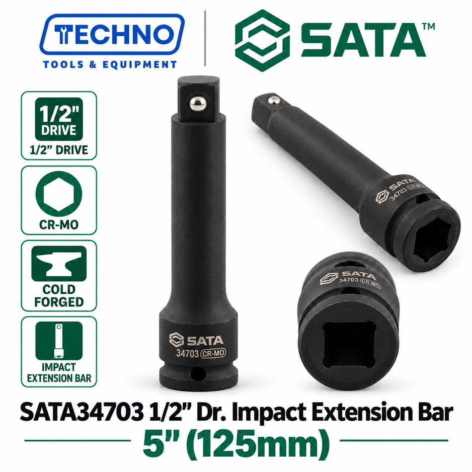 Shop SATA34703 to SATA34706 1/2" Dr. impact extension bars, 5" to 12". CR-Mo cold forged for impact resistance. Order online today.