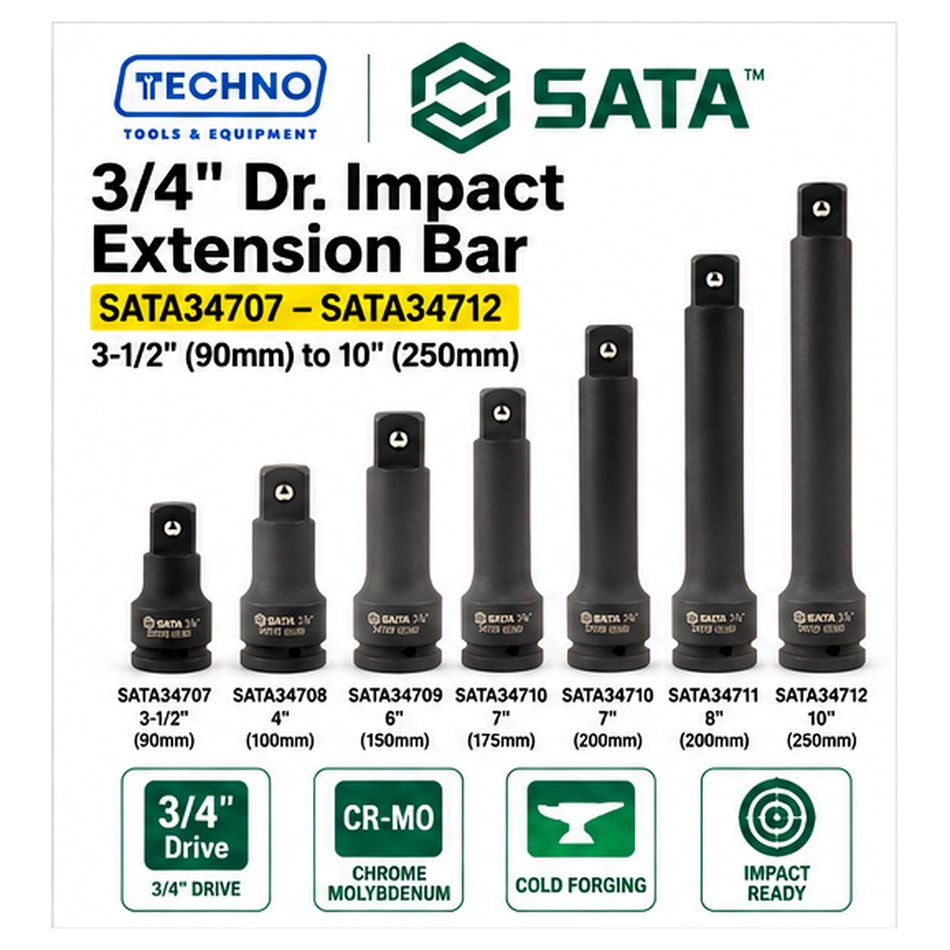 Shop SATA34707 to SATA34712 3/4" Dr. impact extension bars, 3-1/2" to 10". CR-Mo cold forged for impact resistance. Order online today.