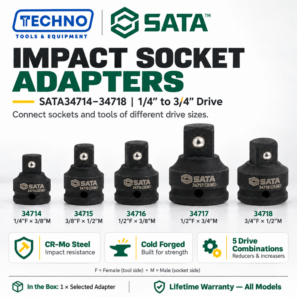 Shop SATA34714 to SATA34718 impact socket adapters, 1/4" to 3/4" drive. CR-Mo cold forged for impact resistance. Order online today.
