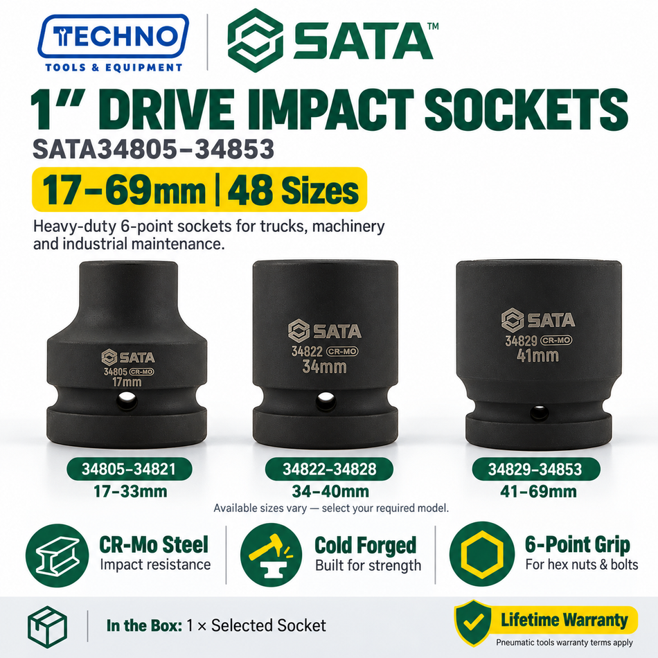 Shop SATA34805-SATA34853 1" Dr. 6-point impact sockets, 17mm to 69mm. CR-Mo cold forged for impact resistance. Order online today.