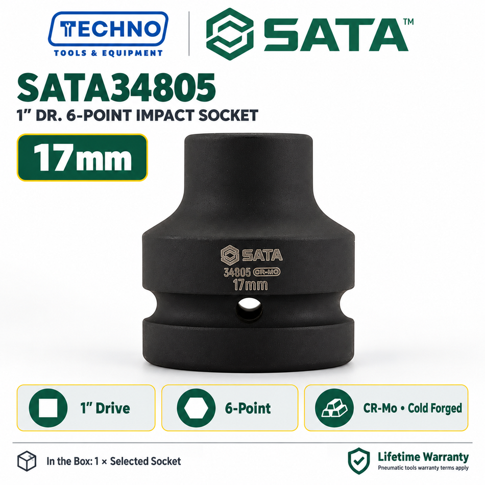 Shop SATA34805-SATA34853 1" Dr. 6-point impact sockets, 17mm to 69mm. CR-Mo cold forged for impact resistance. Order online today.