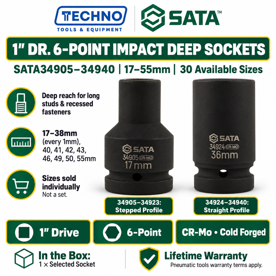 Shop SATA34905-SATA34940 1" Dr. 6-point impact deep sockets, 17mm to 55mm. CR-Mo cold forged for impact resistance. Order online today.