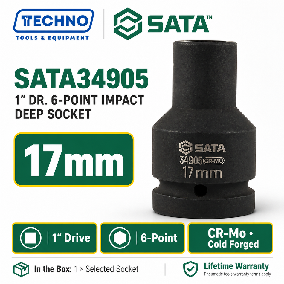 Shop SATA34905-SATA34940 1" Dr. 6-point impact deep sockets, 17mm to 55mm. CR-Mo cold forged for impact resistance. Order online today.