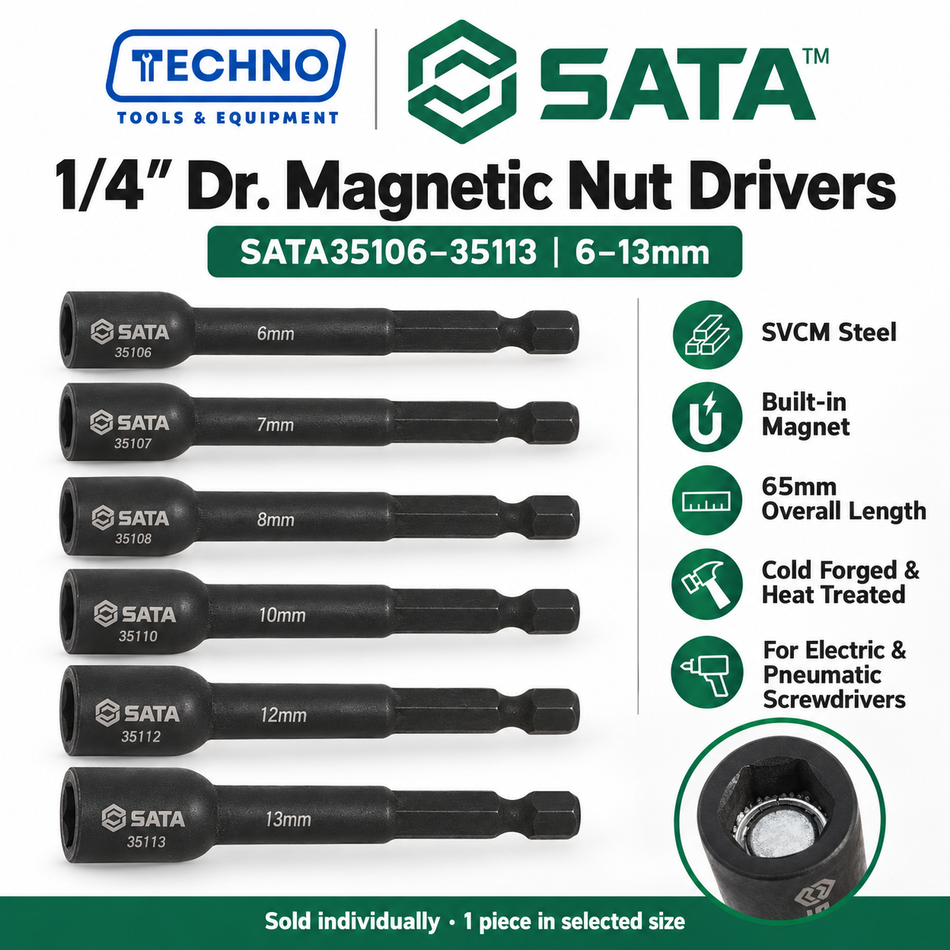 Shop SATA35106 to SATA35113 1/4" Dr. magnetic nut drivers, 6mm to 13mm. SVCM steel with built-in magnet. Order online today.