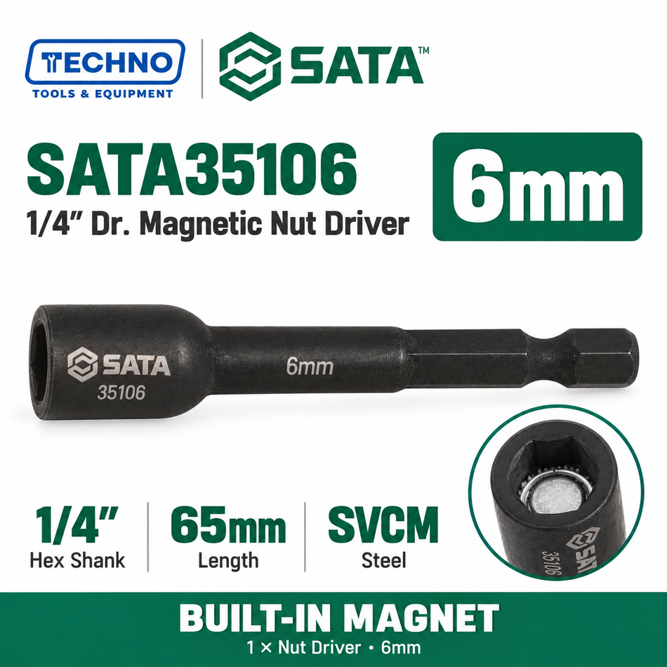 Shop SATA35106 to SATA35113 1/4" Dr. magnetic nut drivers, 6mm to 13mm. SVCM steel with built-in magnet. Order online today.