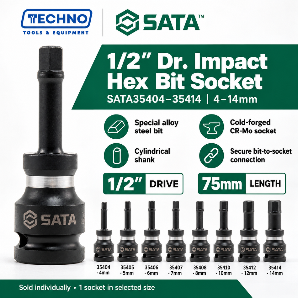 Shop SATA35404 to SATA35414 1/2" impact hex bit sockets, 4mm to 14mm. Special alloy steel bit with CR-Mo socket. Order online today.