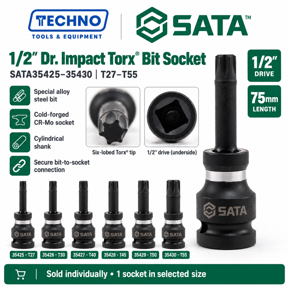 Shop SATA35425 to SATA35430 1/2" impact Torx® bit sockets, T27 to T55. Special alloy steel bit with CR-Mo socket. Order online today.