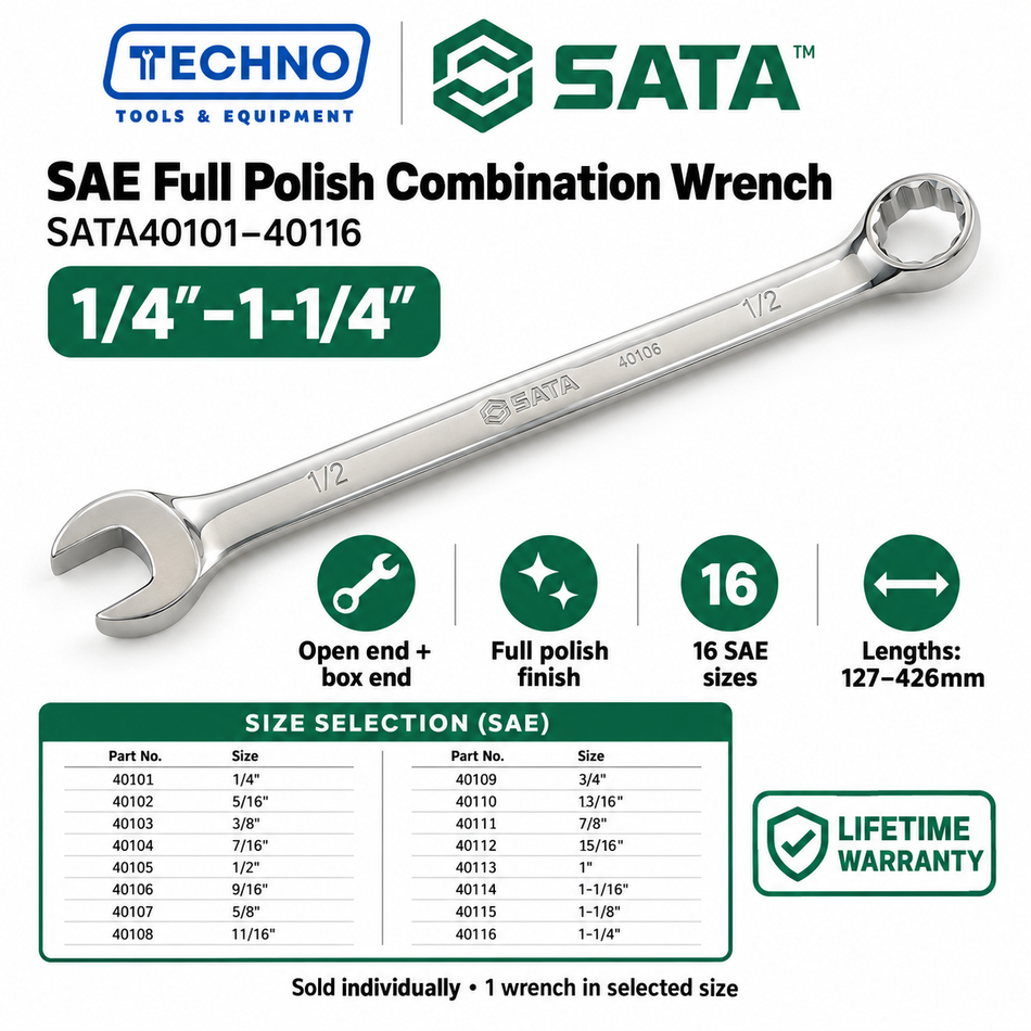 Shop SATA40101 to SATA40116 SAE full polish combination wrenches, 1/4" to 1-1/4". Open end and box end in one tool. Order online today.