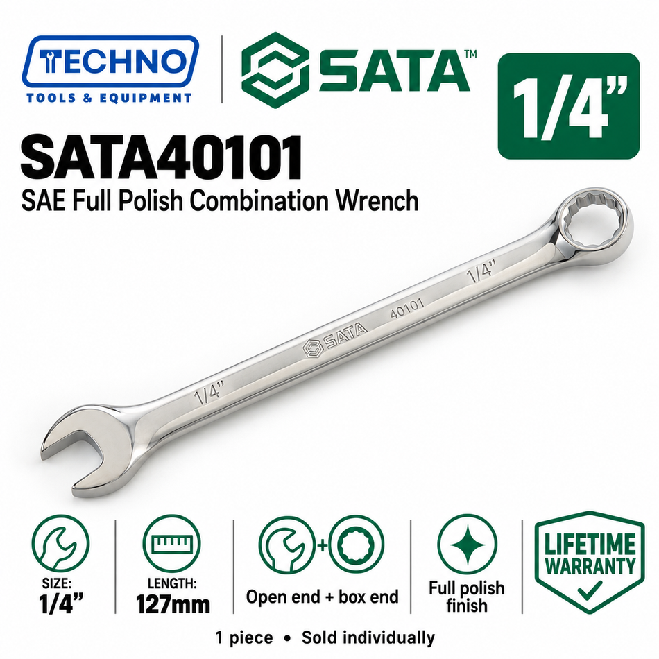 Shop SATA40101 to SATA40116 SAE full polish combination wrenches, 1/4" to 1-1/4". Open end and box end in one tool. Order online today.