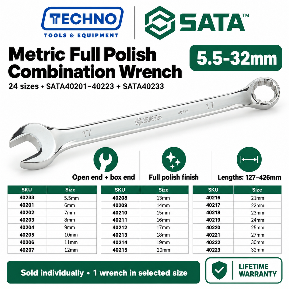 Shop SATA40201 to SATA40233 metric full polish combination wrenches, 5.5mm to 32mm. Open end and box end in one tool. Order online today.