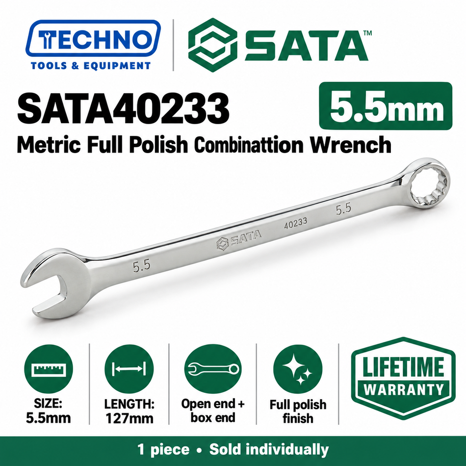 Shop SATA40201 to SATA40233 metric full polish combination wrenches, 5.5mm to 32mm. Open end and box end in one tool. Order online today.