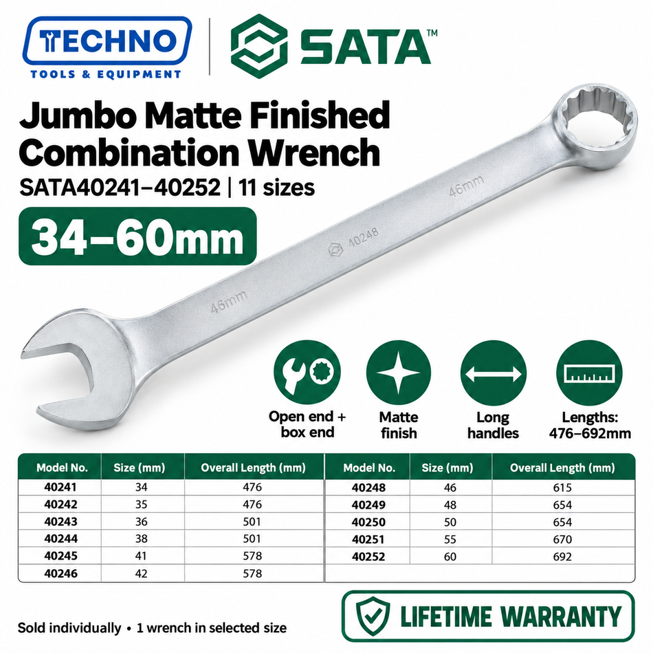 Shop SATA40241 to SATA40252 jumbo matte finished combination wrenches, 34mm to 60mm. Open end and box end in one tool. Order online today.