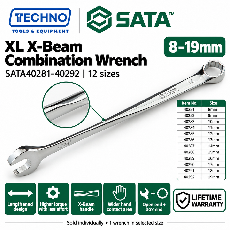 Shop SATA40281 to SATA40292 XL X-Beam combination wrenches, 8mm to 19mm. Lengthened design for higher torque output. Order online today.