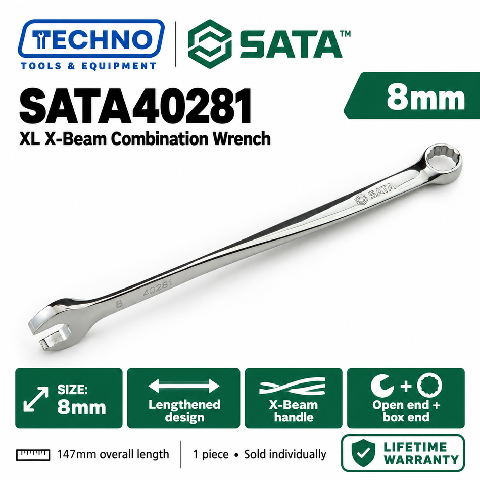 Shop SATA40281 to SATA40292 XL X-Beam combination wrenches, 8mm to 19mm. Lengthened design for higher torque output. Order online today.