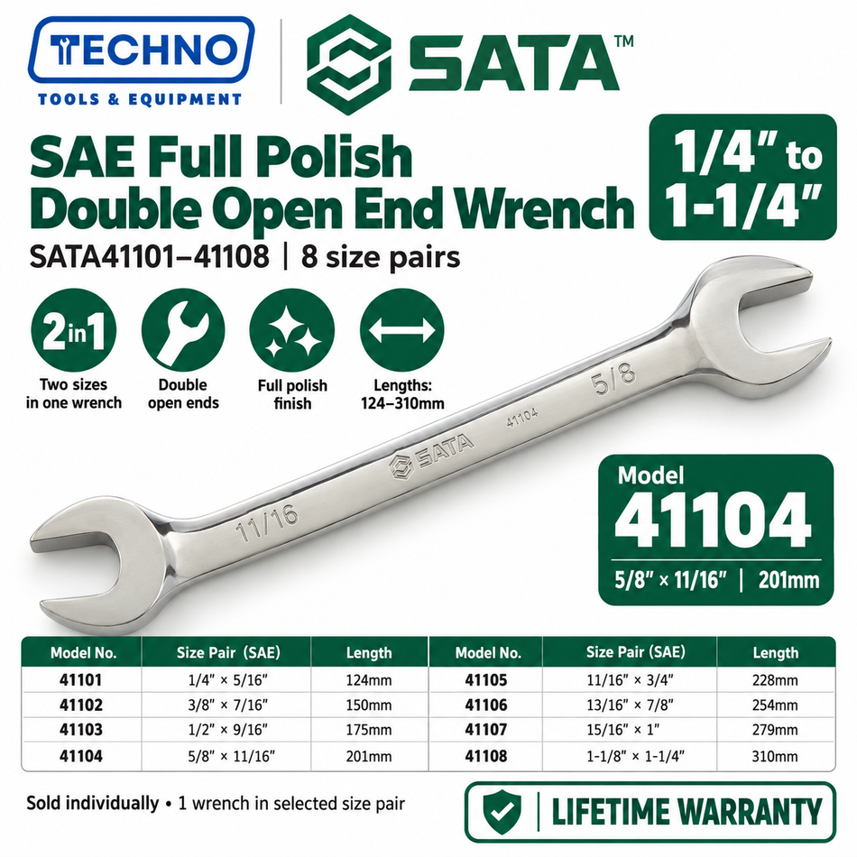Shop SATA41101 to SATA41108 SAE full polish double open end wrenches, 1/4" to 1-1/4". Two sizes in one tool. Order online today.