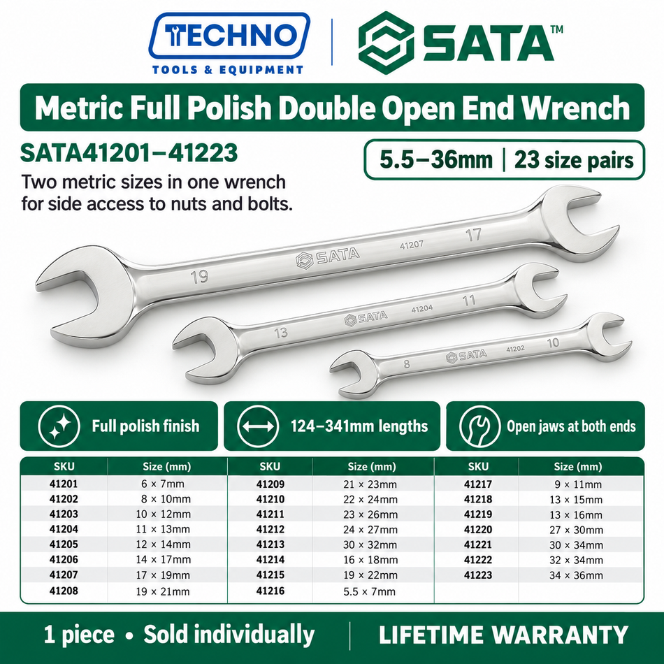 Shop SATA41201 to SATA41223 metric full polish double open end wrenches, 5.5mm to 36mm. Two sizes in one tool. Order online today.