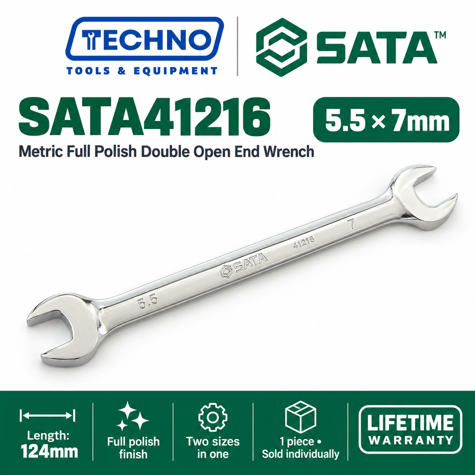Shop SATA41201 to SATA41223 metric full polish double open end wrenches, 5.5mm to 36mm. Two sizes in one tool. Order online today.