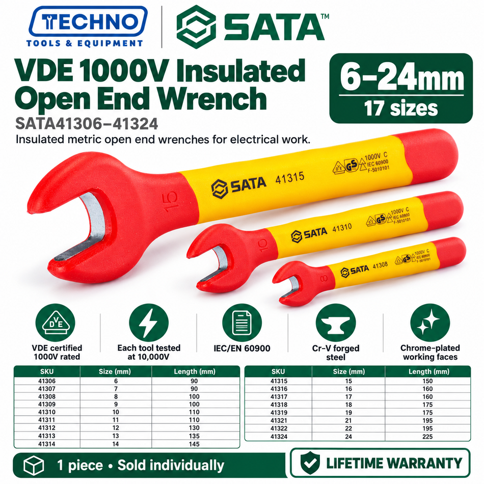 Shop SATA41306 to SATA41324 VDE 1000V insulated open end wrenches, 6mm to 24mm. Tested at 10,000V, IEC/EN 60900. Order online today.