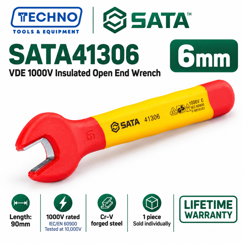 Shop SATA41306 to SATA41324 VDE 1000V insulated open end wrenches, 6mm to 24mm. Tested at 10,000V, IEC/EN 60900. Order online today.