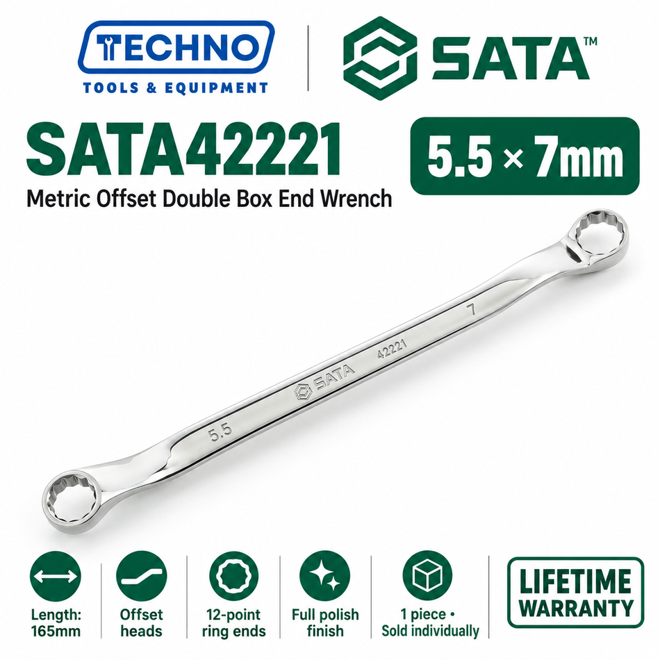Shop SATA42201 to SATA42225 metric offset double box end wrenches, 5.5mm to 32mm. Full polish, two sizes in one tool. Order online today.