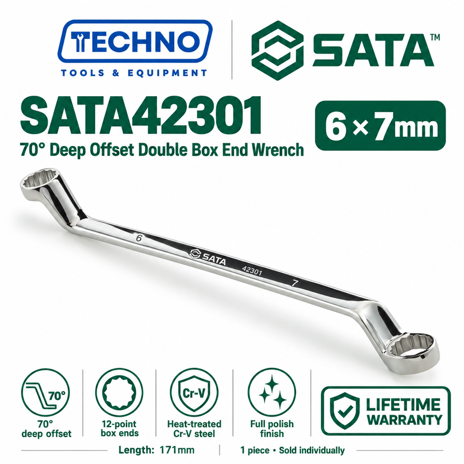 Shop SATA42301 to SATA42315 70° deep offset double box end wrenches, 6x7mm to 30x32mm. Two sizes in one tool. Order online today.