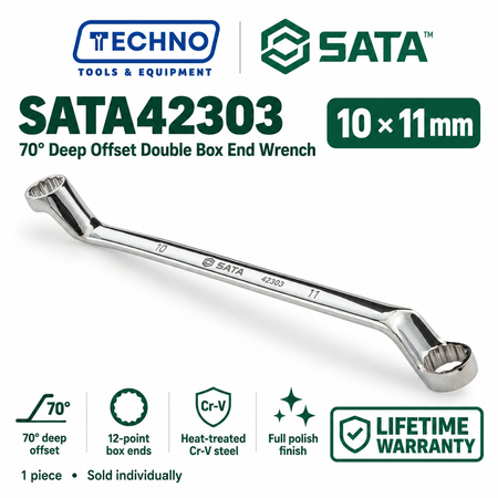 Shop SATA42301 to SATA42315 70° deep offset double box end wrenches, 6x7mm to 30x32mm. Two sizes in one tool. Order online today.