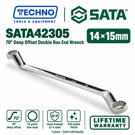 Shop SATA42301 to SATA42315 70° deep offset double box end wrenches, 6x7mm to 30x32mm. Two sizes in one tool. Order online today.