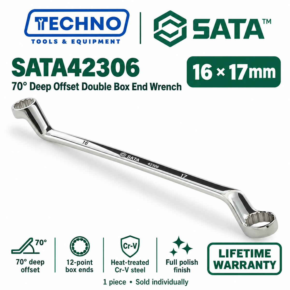 Shop SATA42301 to SATA42315 70° deep offset double box end wrenches, 6x7mm to 30x32mm. Two sizes in one tool. Order online today.