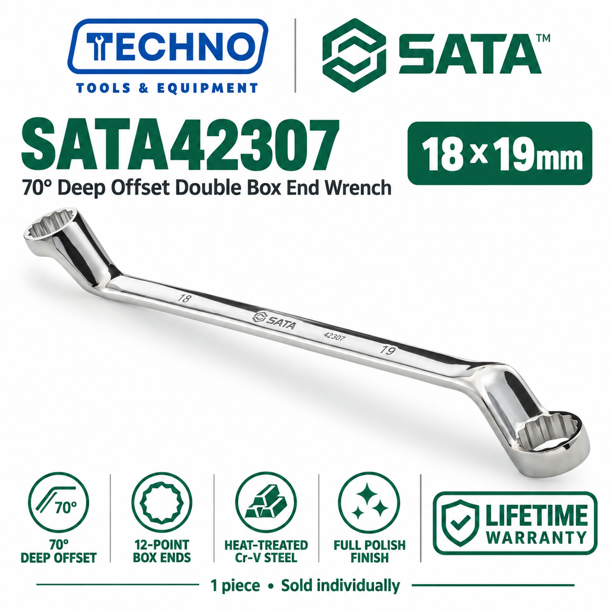 Shop SATA42301 to SATA42315 70° deep offset double box end wrenches, 6x7mm to 30x32mm. Two sizes in one tool. Order online today.