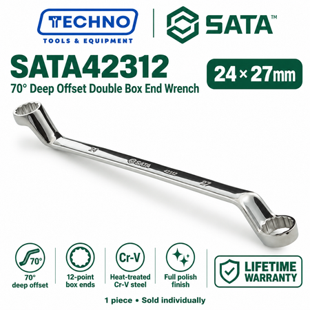 Shop SATA42301 to SATA42315 70° deep offset double box end wrenches, 6x7mm to 30x32mm. Two sizes in one tool. Order online today.