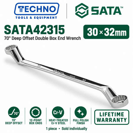 Shop SATA42301 to SATA42315 70° deep offset double box end wrenches, 6x7mm to 30x32mm. Two sizes in one tool. Order online today.
