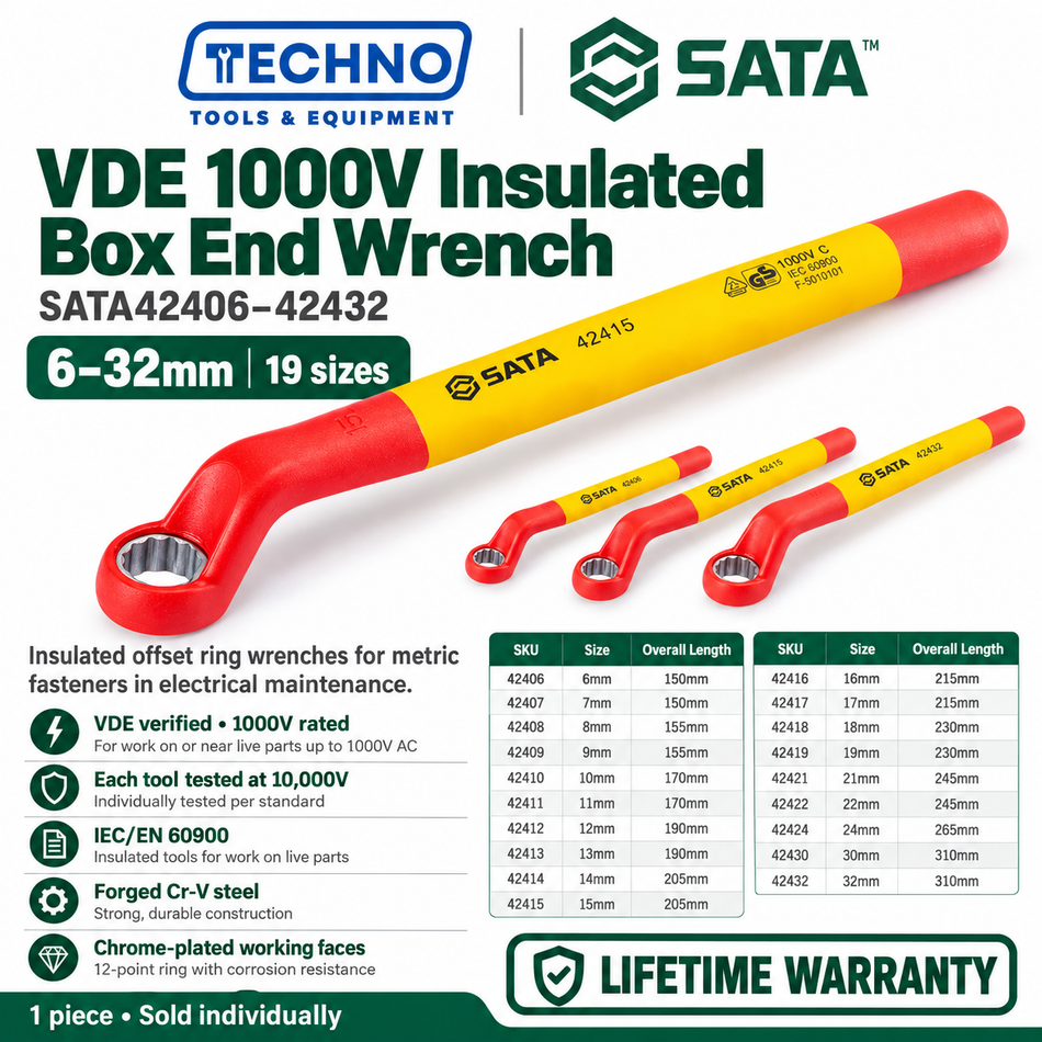 Shop SATA42406 to SATA42432 VDE 1000V insulated box end wrenches, 6mm to 32mm. Tested to 10,000V, IEC/EN 60900. Lifetime warranty.