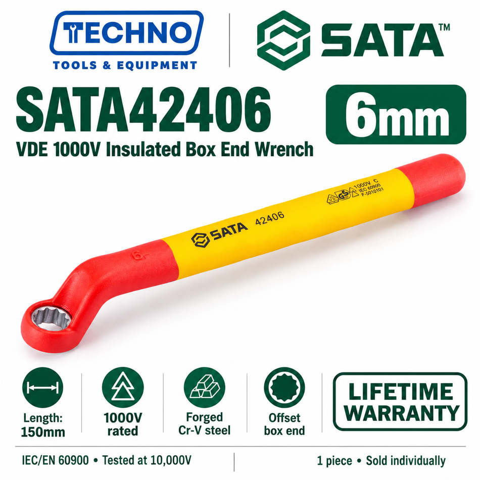 Shop SATA42406 to SATA42432 VDE 1000V insulated box end wrenches, 6mm to 32mm. Tested to 10,000V, IEC/EN 60900. Lifetime warranty.