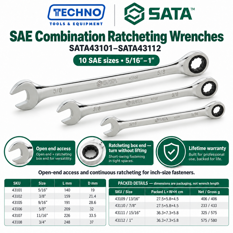 Shop SATA43101 to SATA43112 SAE combination ratcheting wrenches, 5/16" to 1". Open end plus ratcheting box end. Lifetime warranty.