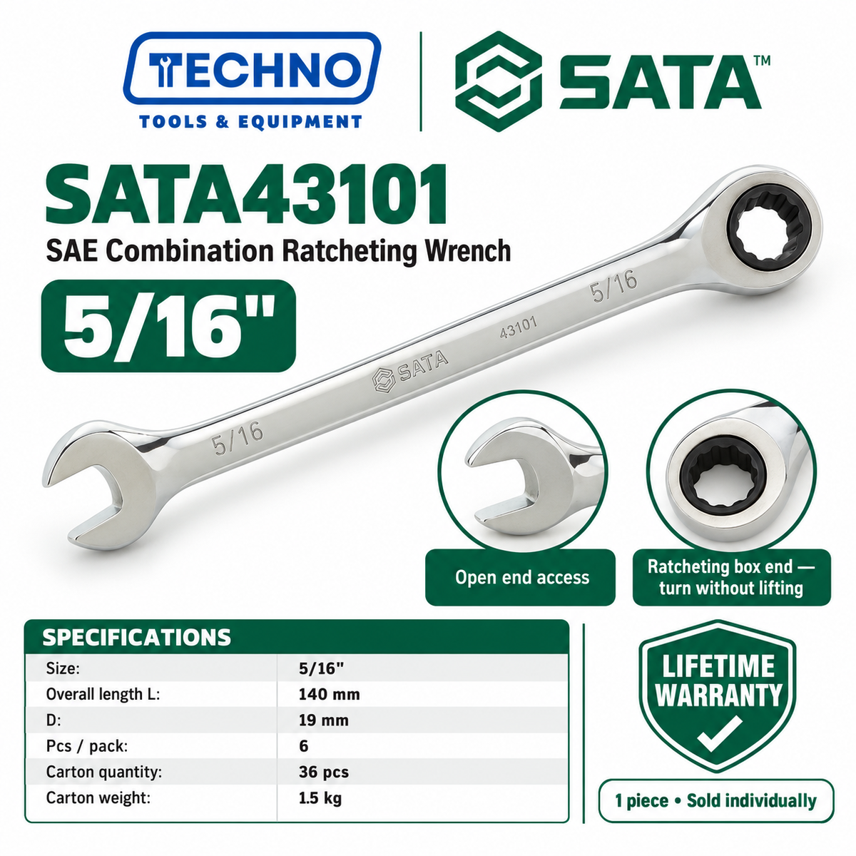 Shop SATA43101 to SATA43112 SAE combination ratcheting wrenches, 5/16" to 1". Open end plus ratcheting box end. Lifetime warranty.