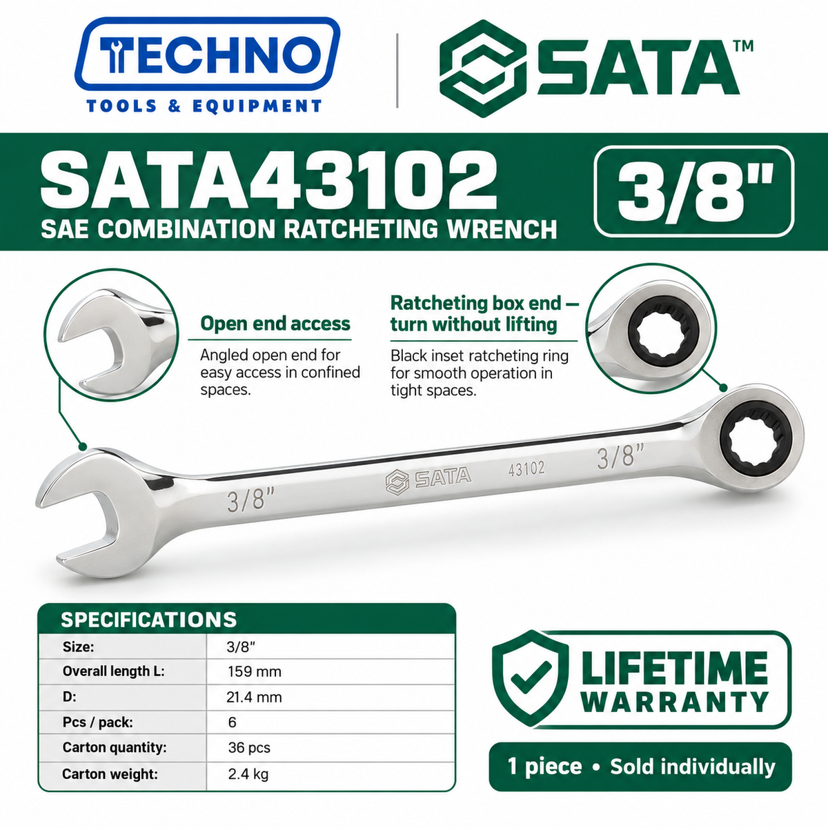 Shop SATA43101 to SATA43112 SAE combination ratcheting wrenches, 5/16" to 1". Open end plus ratcheting box end. Lifetime warranty.