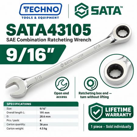 Shop SATA43101 to SATA43112 SAE combination ratcheting wrenches, 5/16" to 1". Open end plus ratcheting box end. Lifetime warranty.
