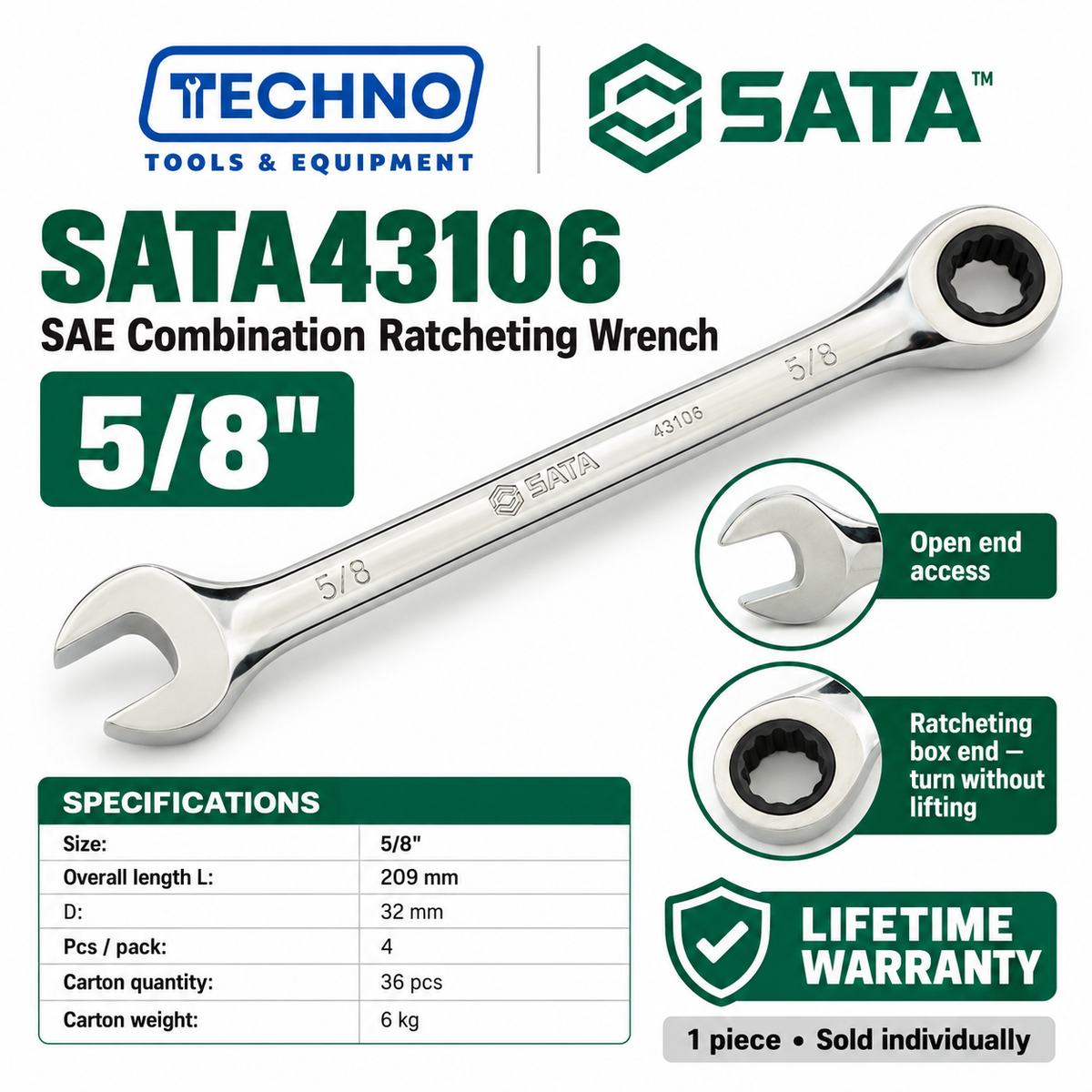 Shop SATA43101 to SATA43112 SAE combination ratcheting wrenches, 5/16" to 1". Open end plus ratcheting box end. Lifetime warranty.