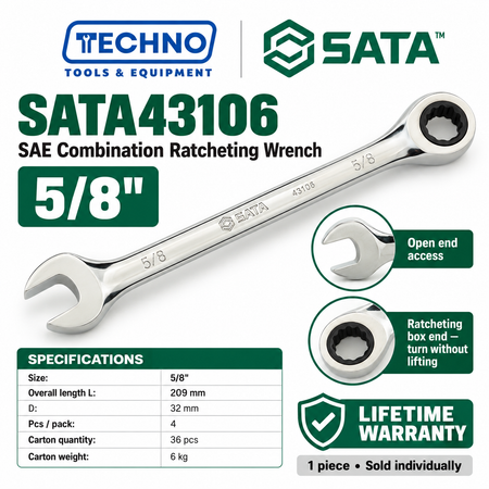 Shop SATA43101 to SATA43112 SAE combination ratcheting wrenches, 5/16" to 1". Open end plus ratcheting box end. Lifetime warranty.