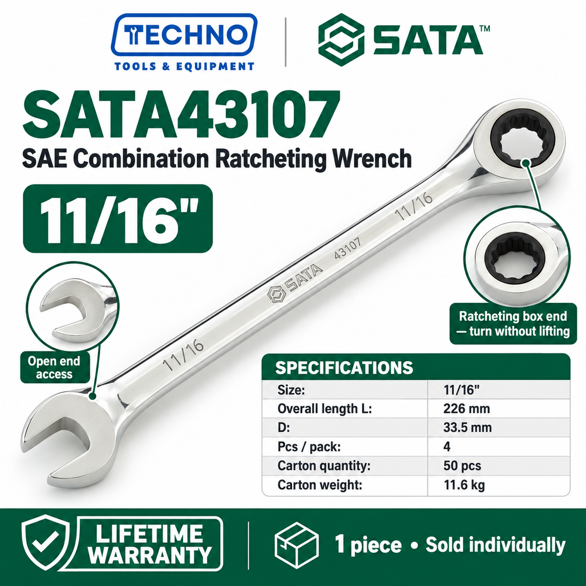 Shop SATA43101 to SATA43112 SAE combination ratcheting wrenches, 5/16" to 1". Open end plus ratcheting box end. Lifetime warranty.
