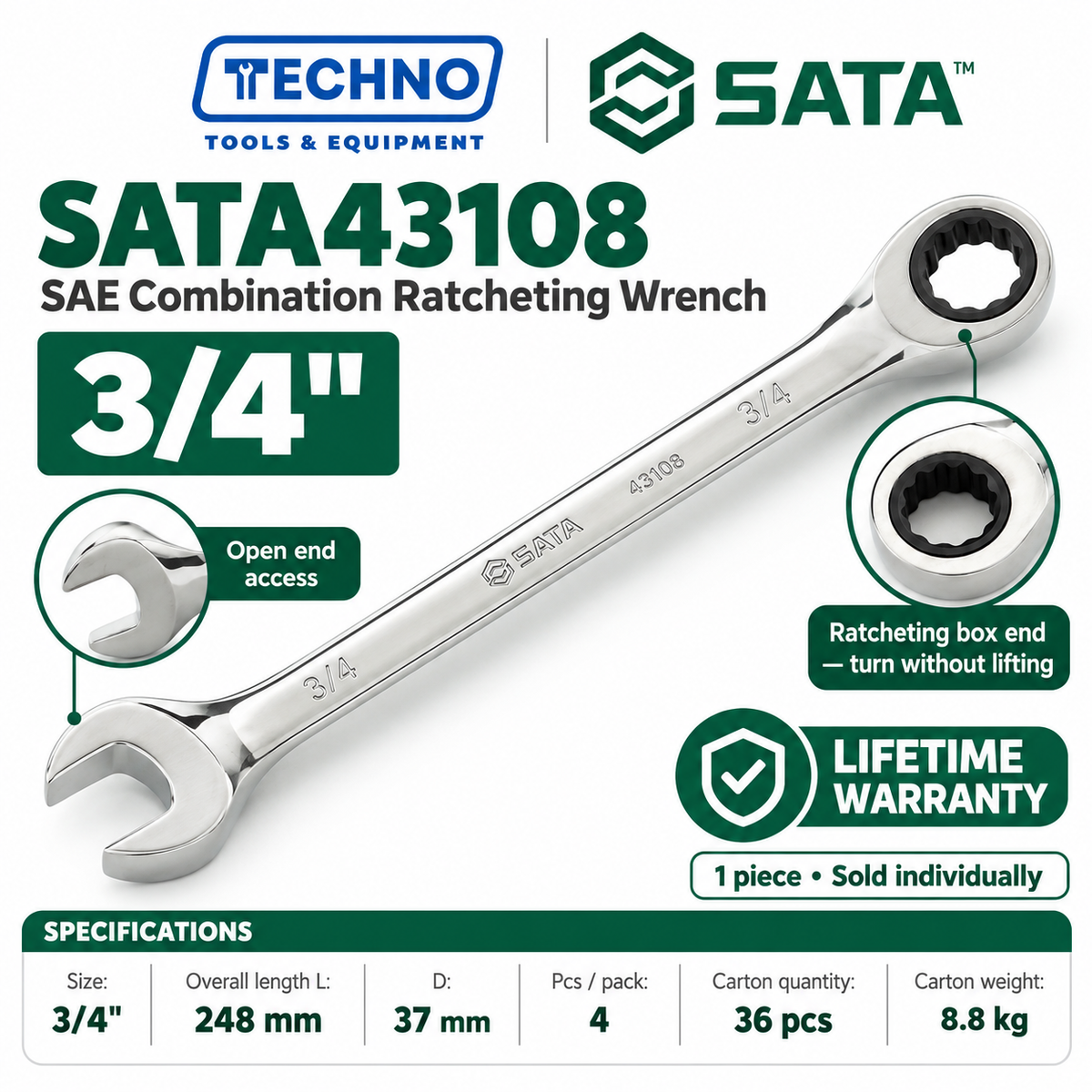 Shop SATA43101 to SATA43112 SAE combination ratcheting wrenches, 5/16" to 1". Open end plus ratcheting box end. Lifetime warranty.