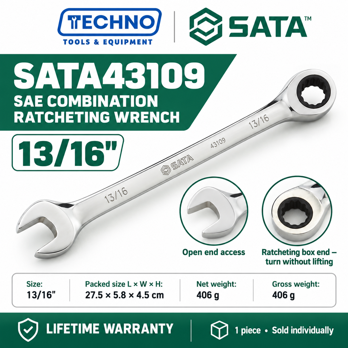 Shop SATA43101 to SATA43112 SAE combination ratcheting wrenches, 5/16" to 1". Open end plus ratcheting box end. Lifetime warranty.