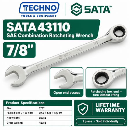 Shop SATA43101 to SATA43112 SAE combination ratcheting wrenches, 5/16" to 1". Open end plus ratcheting box end. Lifetime warranty.