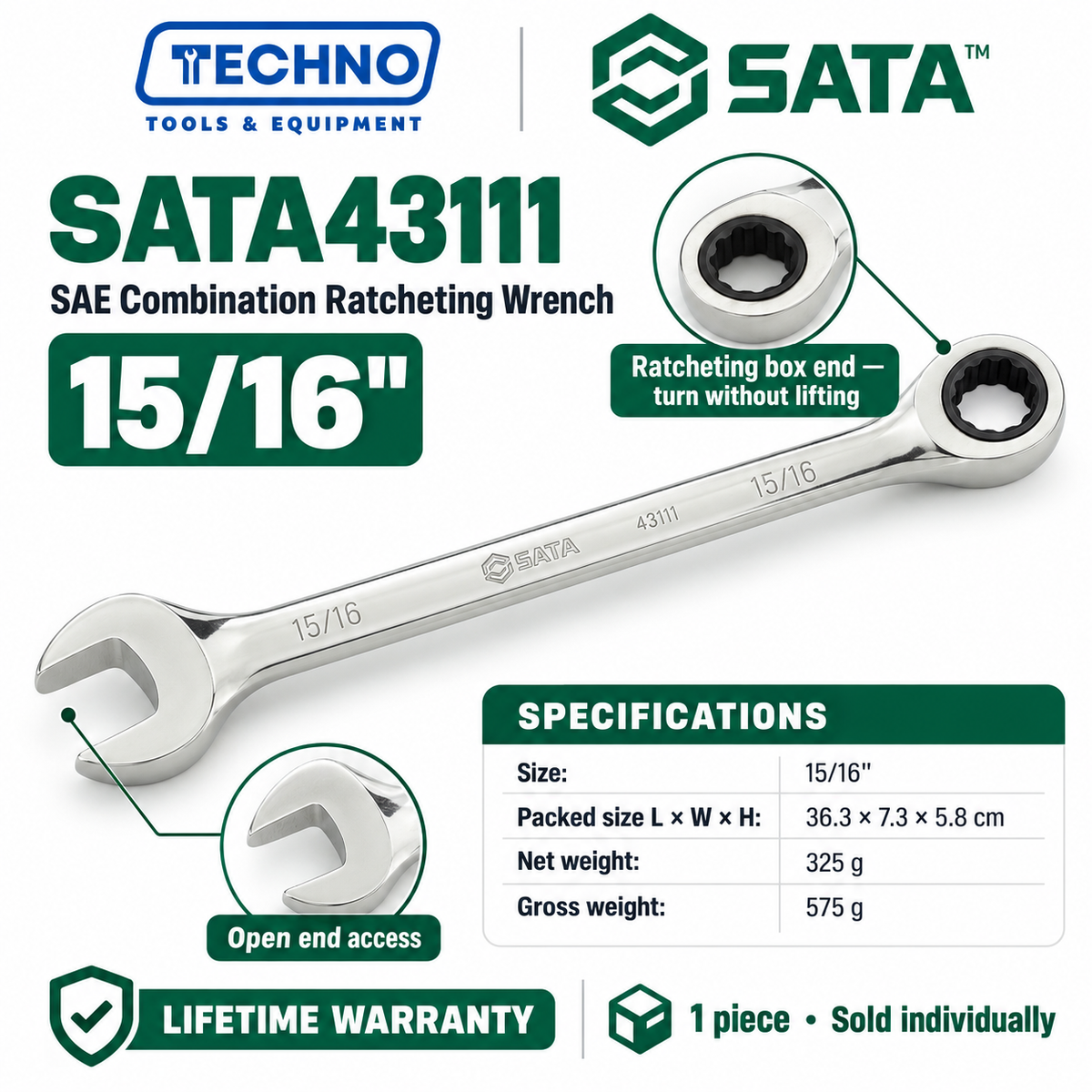 Shop SATA43101 to SATA43112 SAE combination ratcheting wrenches, 5/16" to 1". Open end plus ratcheting box end. Lifetime warranty.
