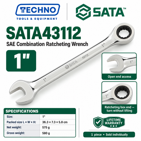 Shop SATA43101 to SATA43112 SAE combination ratcheting wrenches, 5/16" to 1". Open end plus ratcheting box end. Lifetime warranty.