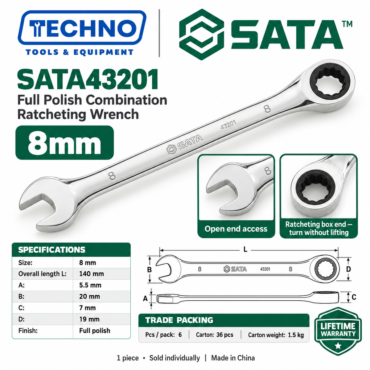 Shop SATA43201 to SATA43226 full polish combination ratcheting wrenches, 8mm to 46mm. Open end plus ratcheting box end. Order online today.