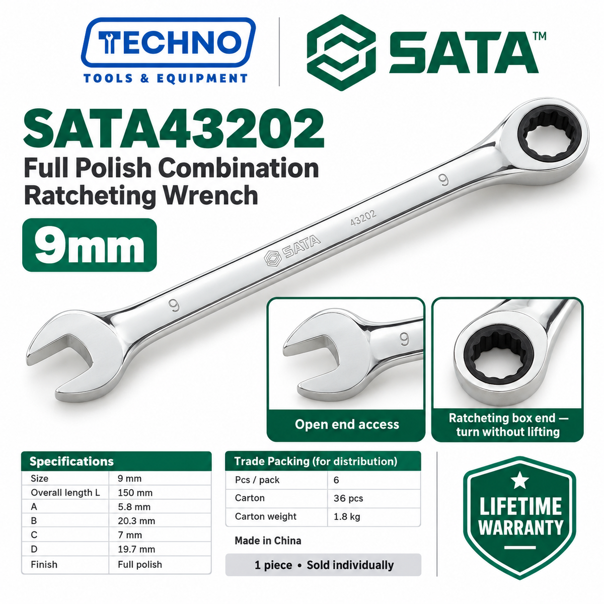 Shop SATA43201 to SATA43226 full polish combination ratcheting wrenches, 8mm to 46mm. Open end plus ratcheting box end. Order online today.